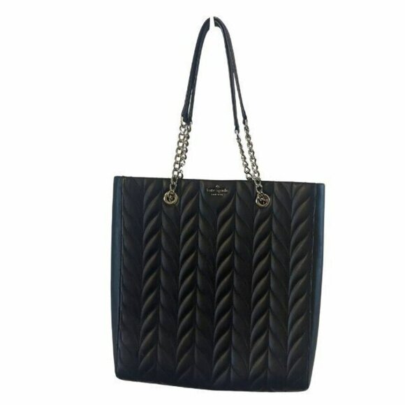 Kate Spade Black Quilted Leather Gold Chain Double Strap Large Tote Bag NWOT - Picture 1 of 8